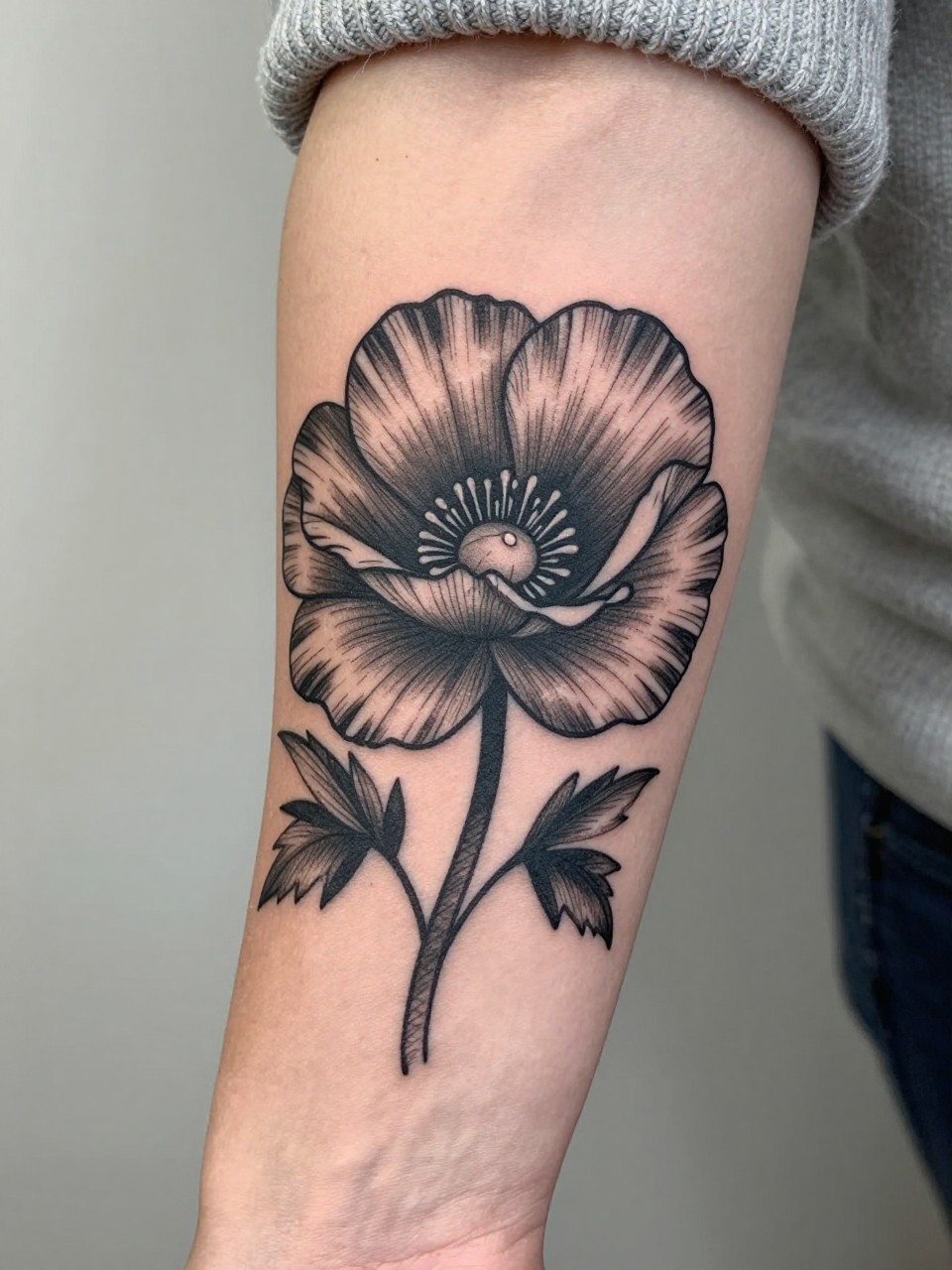 Image Prompt: "Extreme close-up of a bold blackwork poppy flower tattoo on the forearm, dark black ink petals, strong outline work, rich contrast, medium-size floral design, realistic skin texture, neutral manicure, soft knit sleeve slightly visible, design-focused close-up, modern feminine tattoo inspiration photo, minimal soft background, tattoo is the clear main subject (no watermarks on images)"