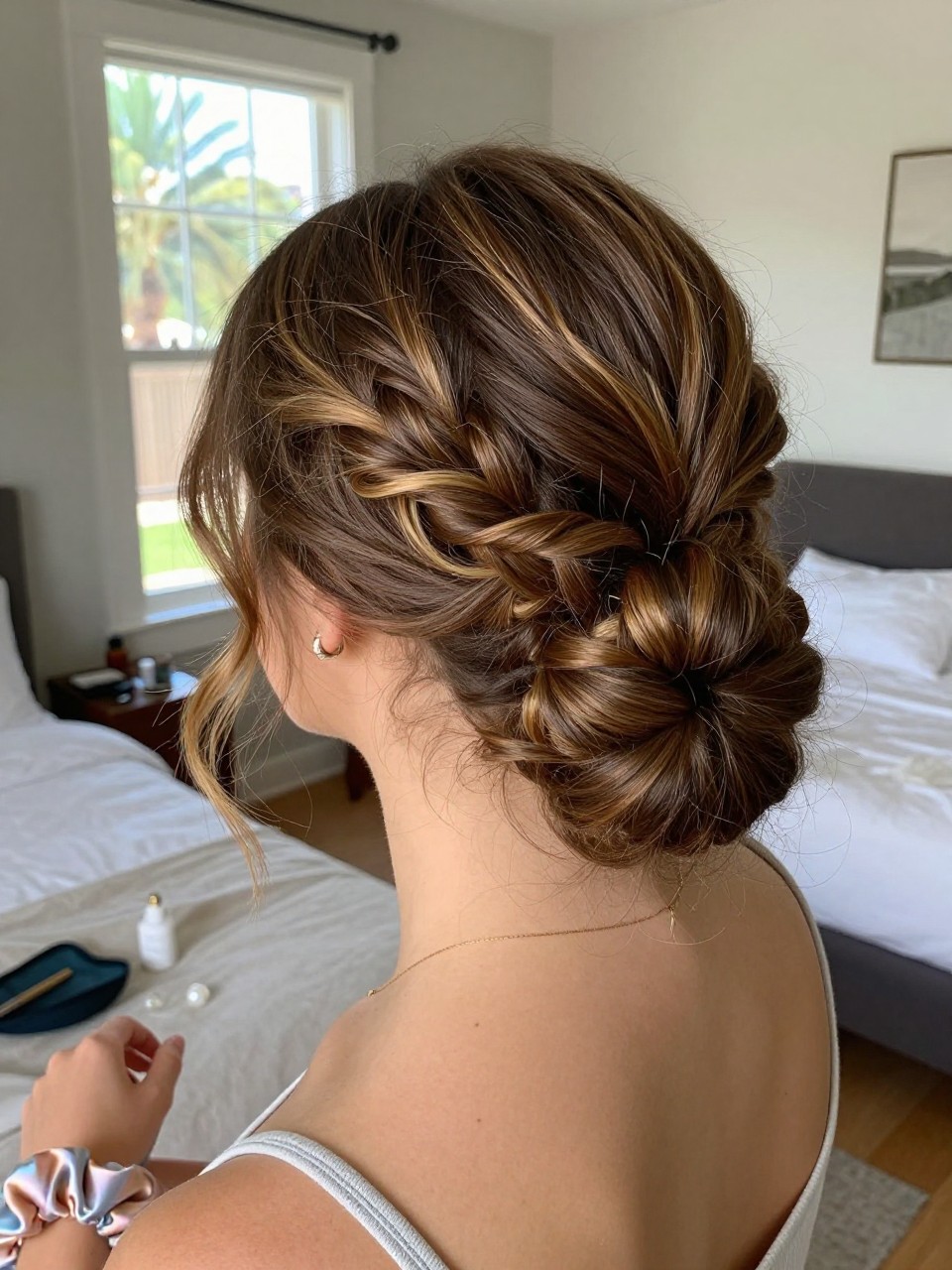 Photo of a woman wearing a low textured bun on brown hair with chunky honey highlights woven through the twists, back-of-head view to highlight details, in a sun-drenched bedroom, natural window light, containing a small lived-in detail such as a pearl pin and a silk scrunchie on the wrist, latest iPhone photo quality.
