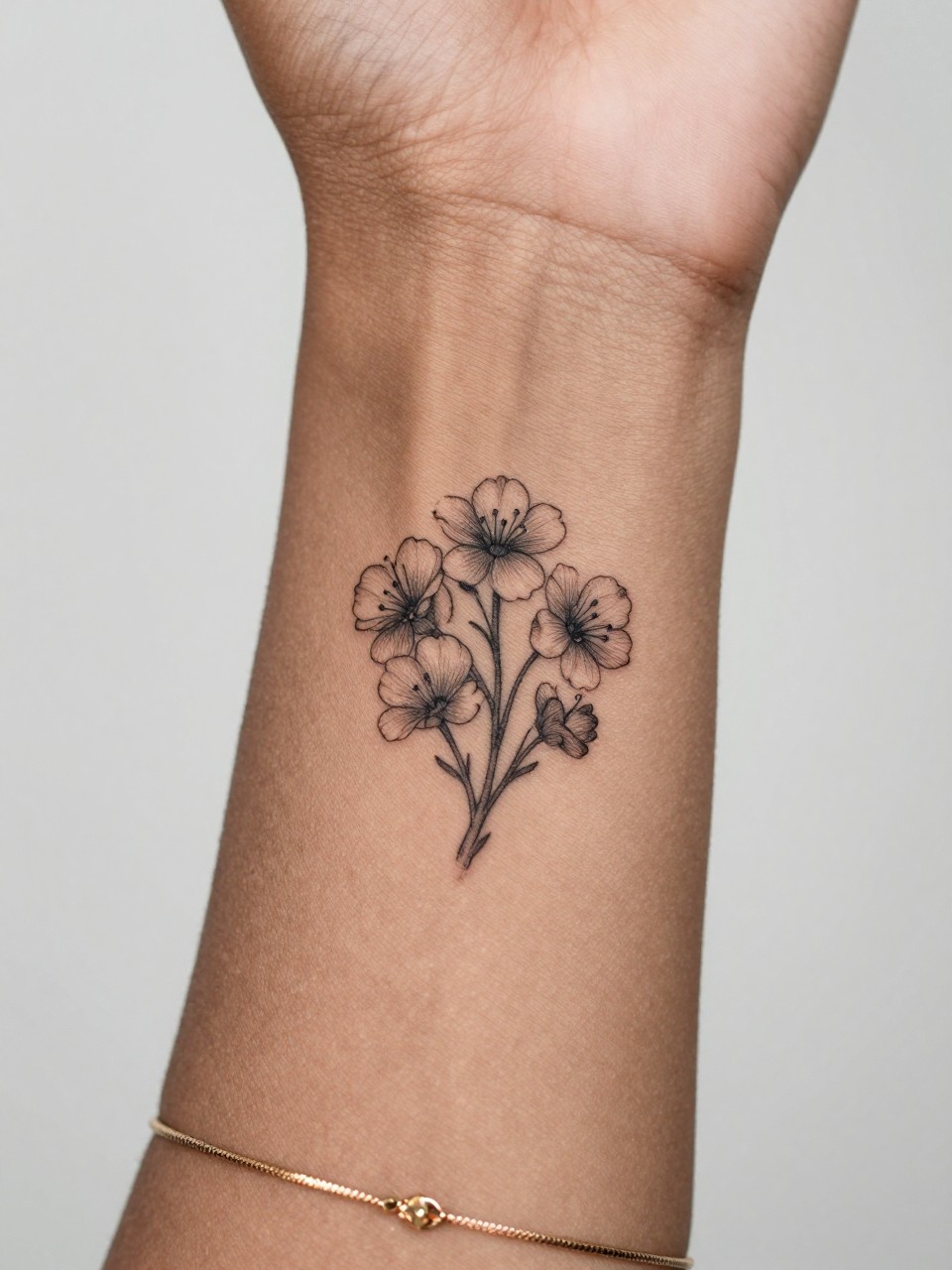 Image Prompt: "Macro shot of a tiny hawthorn flower tattoo on the inner wrist of a black feminine woman, black ink fine line floral design with soft petal detail and light shading, minimalist style, realistic skin texture, delicate gold bracelet, tight crop, feminine tattoo inspiration image, clean minimal background, tattoo-centered composition (no watermarks on images)"