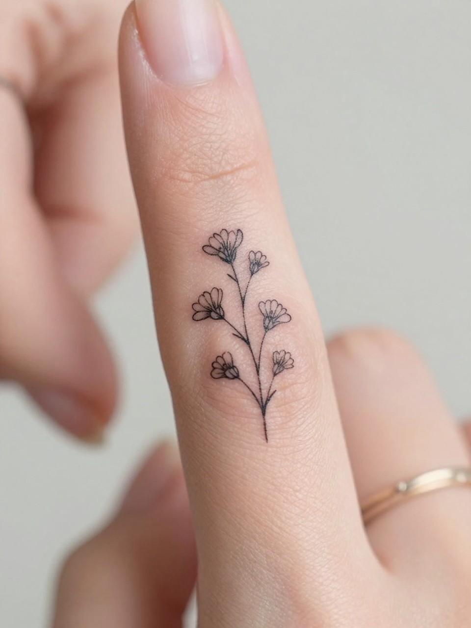 Image Prompt: “Macro shot of a micro larkspur tattoo on the side of the finger, black ink fine line floral design, tiny stem and delicate blossoms, minimalist micro tattoo style, realistic skin texture, delicate rings, neutral manicure, very tight crop, soft blurred background, feminine tattoo inspiration photo with tattoo as the main focus (no watermarks on images)”