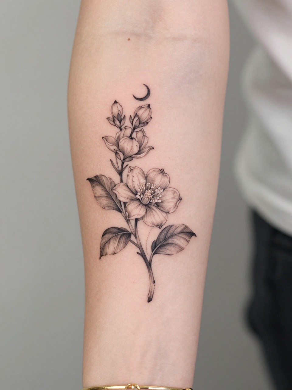 Image Prompt: "Design-focused close-up of a jasmine tattoo with a tiny crescent moon on the inner arm, black ink fine line floral design, delicate petals, soft shading, subtle celestial accent, realistic skin texture, gold bracelet lightly visible, feminine modern tattoo inspiration photo, clean soft background, tattoo is the hero (no watermarks on images)"