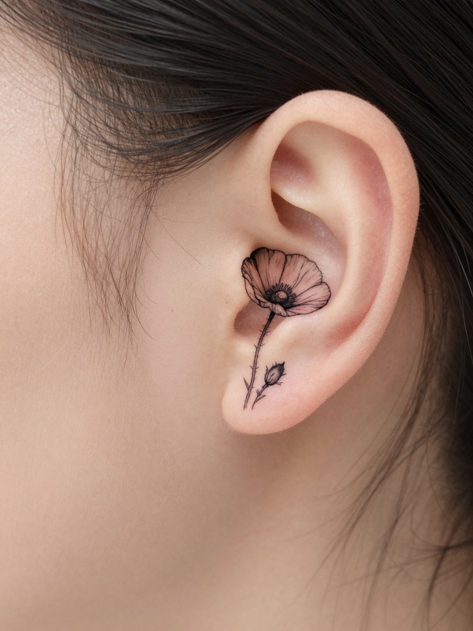 Image Prompt: "Macro shot of a tiny poppy flower tattoo behind the ear, black ink fine line floral design with soft open petals and light shading, realistic skin texture, a few loose hair strands framing the placement, minimal feminine styling, tight crop, clean soft background, tattoo-centered inspiration image (no watermarks on images)"