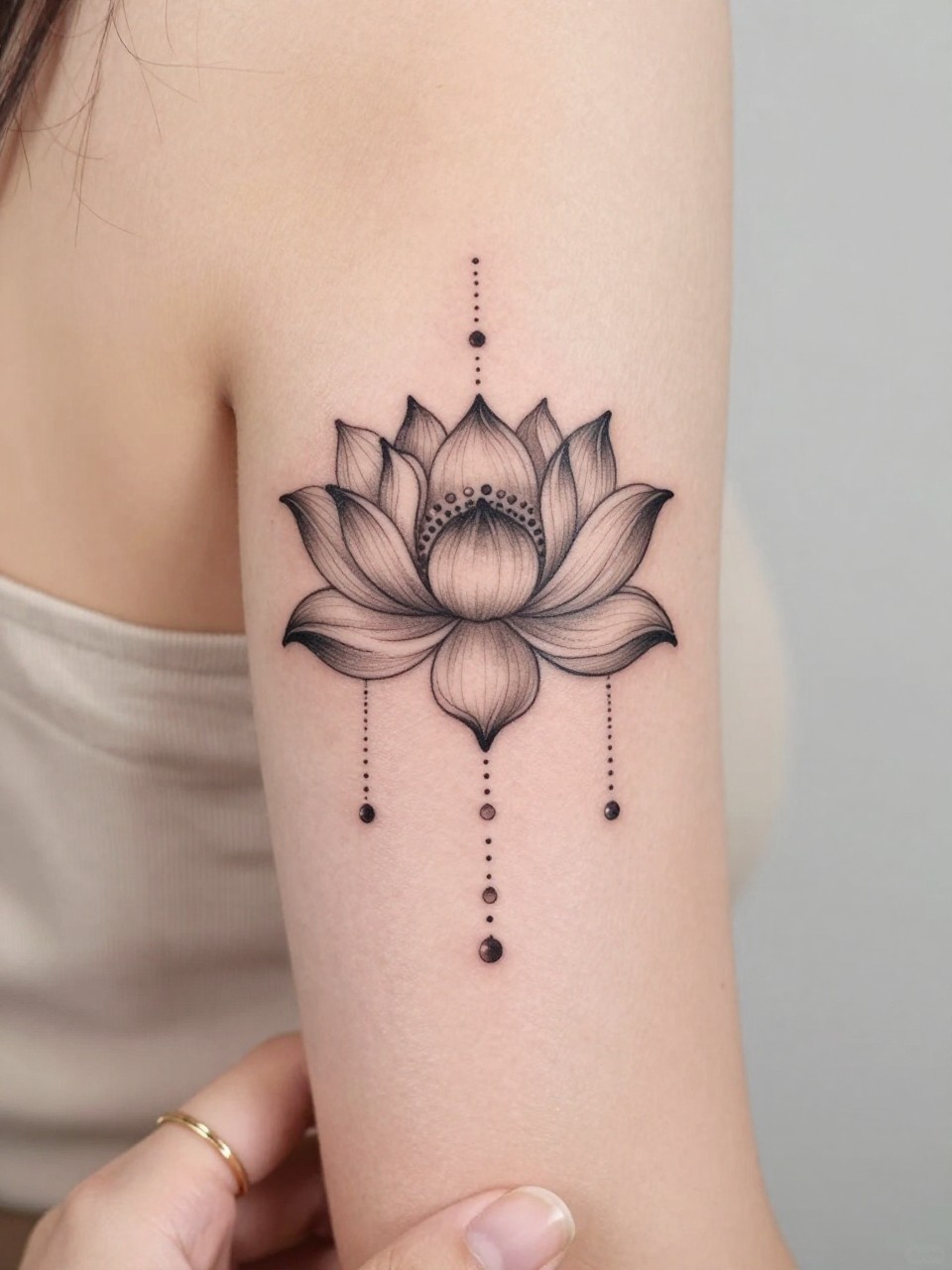 Image Prompt: "Design-focused close-up of a lotus flower tattoo with tiny hanging bead details on the back of the arm, black ink fine line and dotwork style, delicate ornamental accents, soft shading, realistic skin texture, simple gold ring visible on hand near frame, feminine lifestyle photo with minimal background, tattoo fills most of the image (no watermarks on images)"