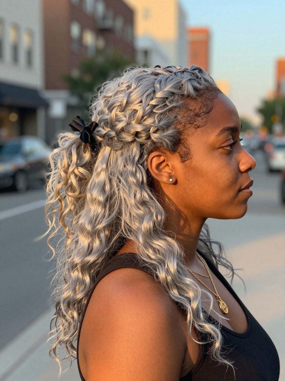 Photo of a black woman wearing a half-up twisted hairstyle with grey blonde hair and ashy blonde contrast through the loose lengths, side profile view, in a softly blurred city street background, golden hour glow, containing a small lived-in detail such as a bow clip at the back and layered necklaces, latest iPhone photo quality.