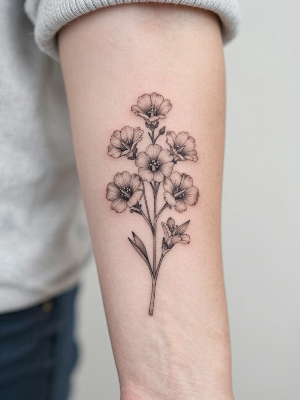 Image Prompt: "Extreme close-up of a small larkspur bouquet tattoo on the forearm, black ink fine line floral design with multiple delicate stems and blossoms, soft shading, elegant arrangement, realistic skin texture, neutral manicure, soft knit fabric slightly visible, design-focused tattoo inspiration photo, clean minimal background (no watermarks on images)"