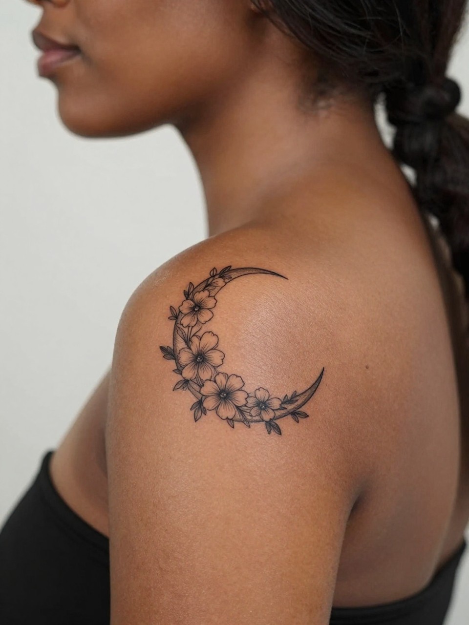Image Prompt: "Design-focused close-up of a floral crescent moon tattoo on the shoulder of a black feminine woman, black ink fine line design made of tiny flowers and leaves, soft shading, delicate curved composition, realistic skin texture, hair loosely pinned, clean feminine tattoo inspiration photo, soft minimal background, tattoo is the hero (no watermarks on images)"