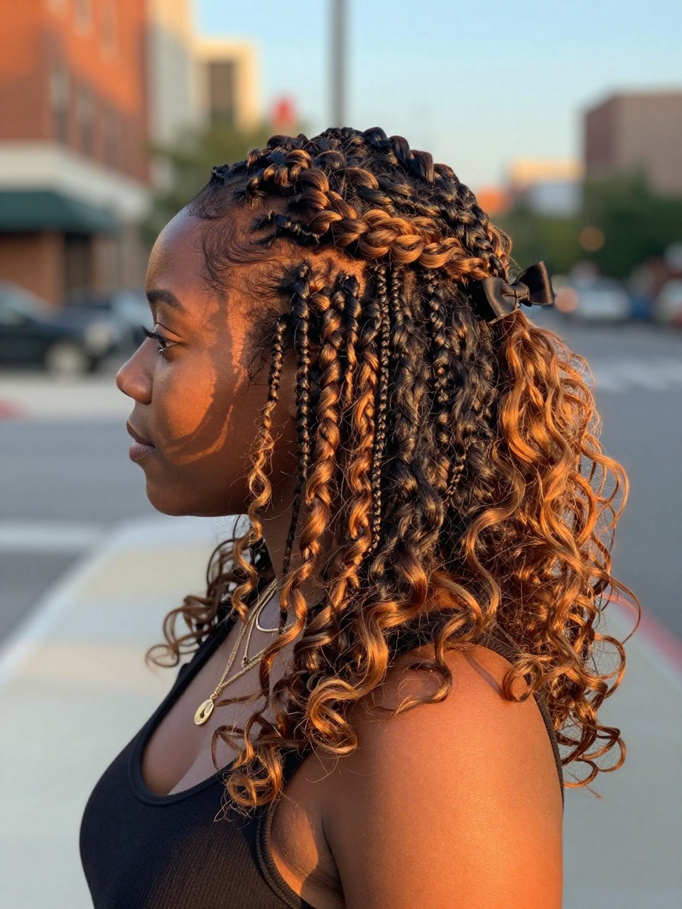 Photo of a Black woman wearing a half-up twisted hairstyle on dark hair with warm honey brown highlights through the loose lengths, side profile view, in a softly blurred city street background, golden hour glow, containing a small lived-in detail such as a bow clip at the back and layered necklaces, latest iPhone photo quality.