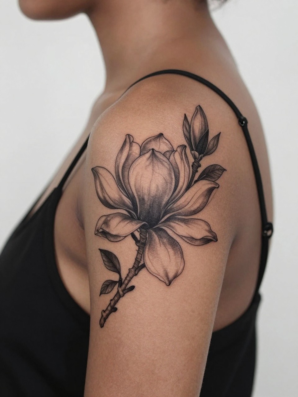 Image Prompt: "Close-up of a magnolia flower tattoo near the shoulder blade edge of a black feminine woman, black and grey floral design with broad petals, soft shading, fine line leaf detail, realistic skin texture, silk strap softly visible, feminine modern tattoo inspiration photo, clean minimal background, tattoo dominates the composition (no watermarks on images)"