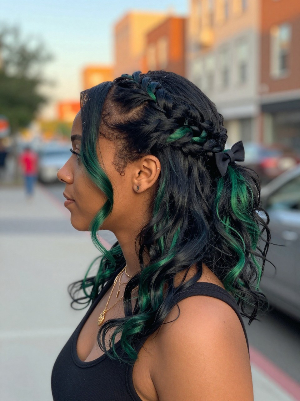 Photo of a biracial woman wearing a half-up twisted hairstyle on black hair with green highlights through the loose lengths, side profile view, in a softly blurred city street background, golden hour glow, containing a small lived-in detail such as a bow clip at the back and layered necklaces, latest iPhone photo quality.