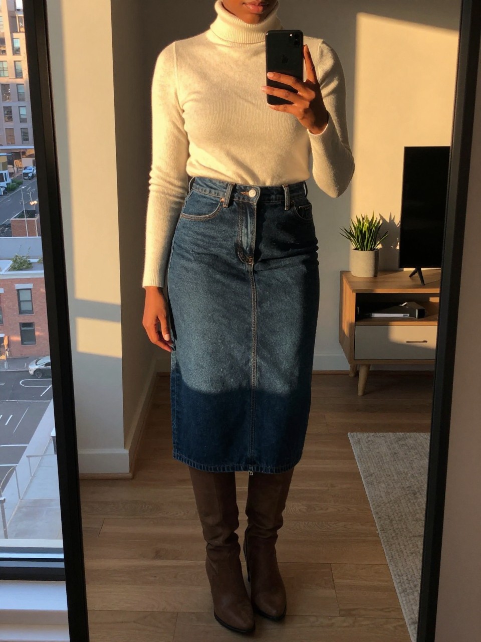 iPhone mirror selfie of a Black woman wearing a dark denim midi skirt with a cream turtleneck and knee-high boots, standing with her weight shifted and phone at her side, cropped at NECK so face doesn't show, in a city apartment, evening golden hour light, iPhone photo quality.