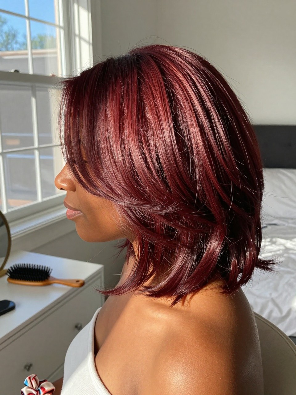 Photo of a black woman wearing mahogany chestnut hair in a soft layered blowout, side profile view, sun-drenched bedroom setting, natural window light, with a round brush on the dresser and a silk scrunchie on her wrist, latest iPhone photo quality.