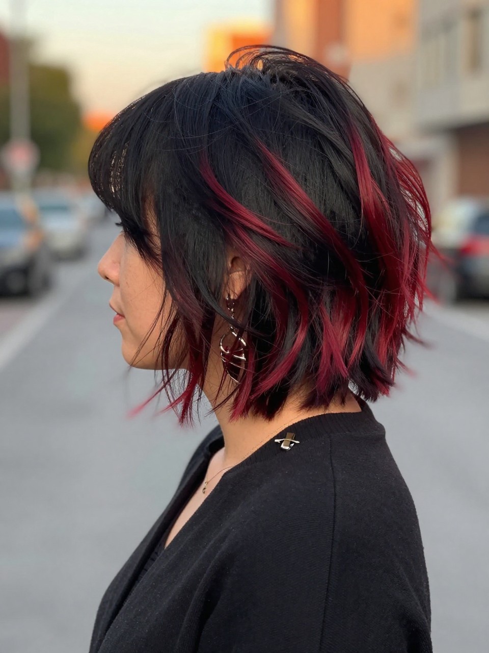 Photo of a woman wearing a tousled black bob with crimson red highlights and soft choppy texture, back-of-head view to highlight details, in a softly blurred city street background, golden hour glow, containing a small lived-in detail such as a hair clip clipped to the collar and statement earrings peeking through, latest iPhone photo quality.