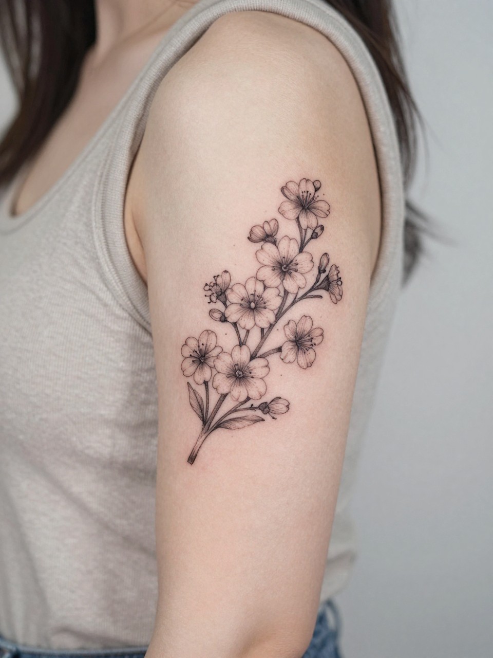 Image Prompt: "Extreme close-up of a hawthorne flower tattoo with soft dotwork accents on the upper arm, black ink fine line floral design, tiny clustered blossoms, subtle dotwork detail, light shading, realistic skin texture, sleeveless neutral top softly visible, feminine lifestyle-inspired tattoo image, minimal clean background, tattoo is the main focus (no watermarks on images)"