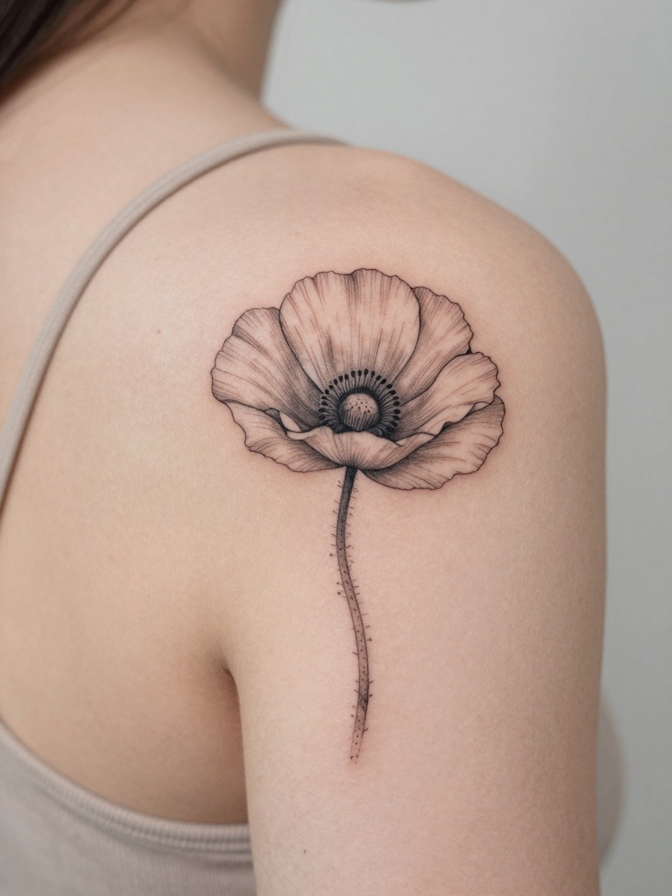 Image Prompt: "Macro shot of a minimalist poppy tattoo on the outer shoulder, black ink fine line floral design with soft open petals and very subtle shading, realistic skin texture, neutral strap softly visible, design-first composition, modern feminine tattoo inspiration image, tattoo clearly in focus, soft minimal background (no watermarks on images)"