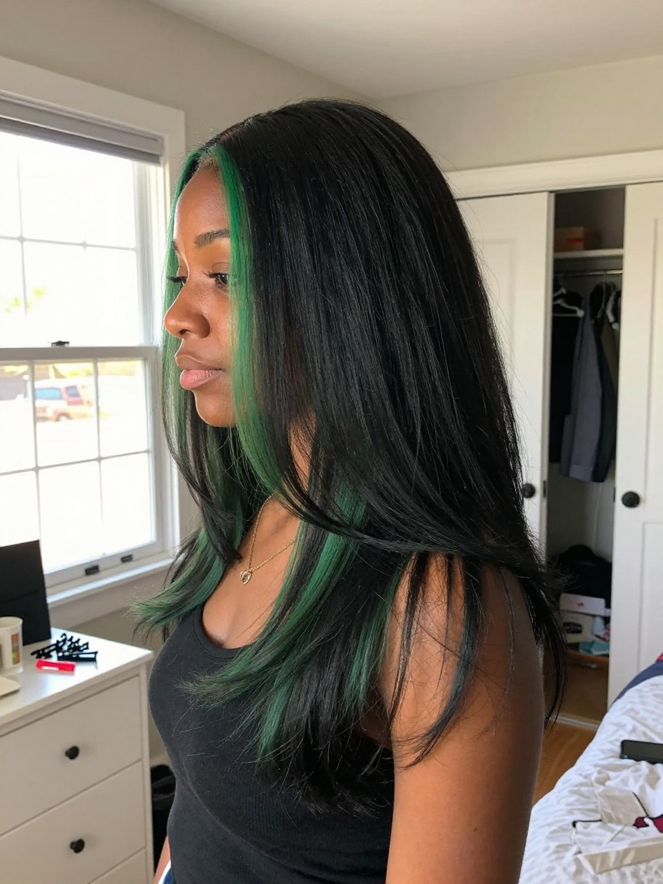 Photo of a black woman wearing long layered black hair with moss green highlights and soft movement, side profile view, in a sun-drenched bedroom, natural window light, containing a small lived-in detail such as sectioning clips on the dresser and a slightly open closet behind, latest iPhone photo quality.