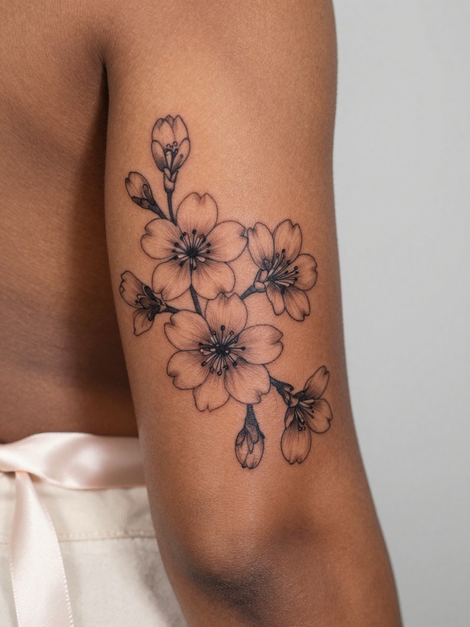 Image Prompt: "Design-focused close-up of a sakura tattoo on the inner bicep of a black feminine woman, black ink fine line floral style, soft cherry blossom petals with subtle shading, realistic skin texture, satin ribbon nearby as a subtle feminine detail, tight crop, minimal soft background, modern lifestyle-inspired tattoo image, tattoo is the clear main subject (no watermarks on images)"