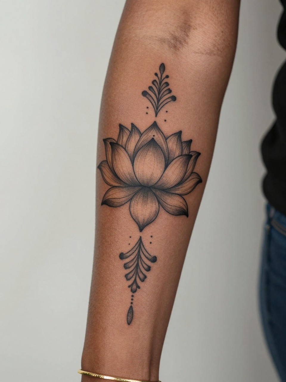 Image Prompt: "Close-up of a lotus flower sleeve tattoo with ornamental details along the forearm and upper arm of a black woman, black ink fine line design, symmetrical petals, soft dotwork accents, subtle shading, realistic skin texture, gold bracelet lightly visible, feminine modern tattoo inspiration photo, soft minimal background, tattoo-centered composition (no watermarks on images)"