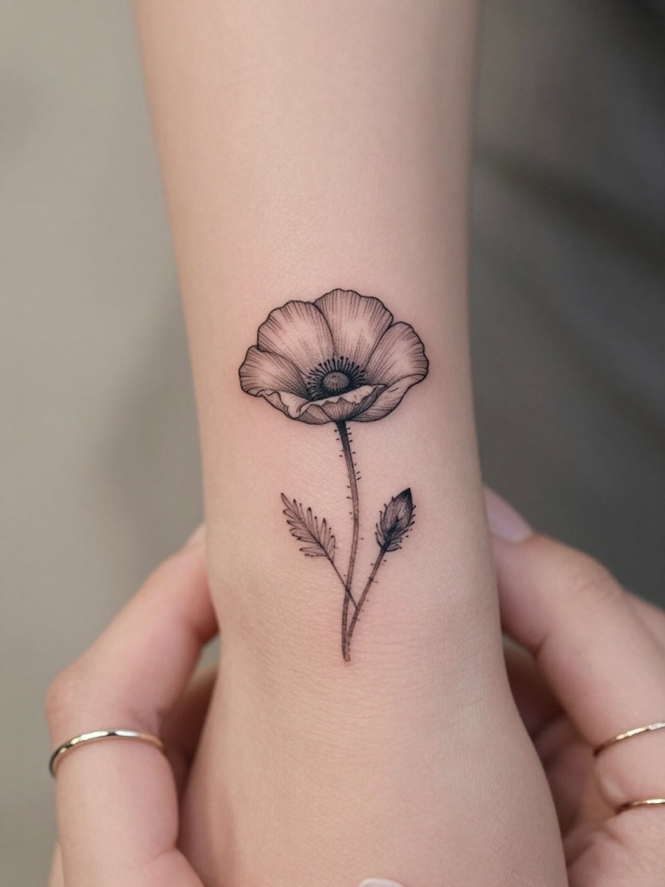Image Prompt: "Extreme close-up of a micro poppy tattoo on the side of the finger, black ink fine line floral design, tiny stem and delicate open petals, minimalist micro tattoo style, realistic skin texture, delicate rings, neutral manicure, very tight crop, soft blurred background, feminine tattoo inspiration photo with tattoo as the main focus (no watermarks on images)"