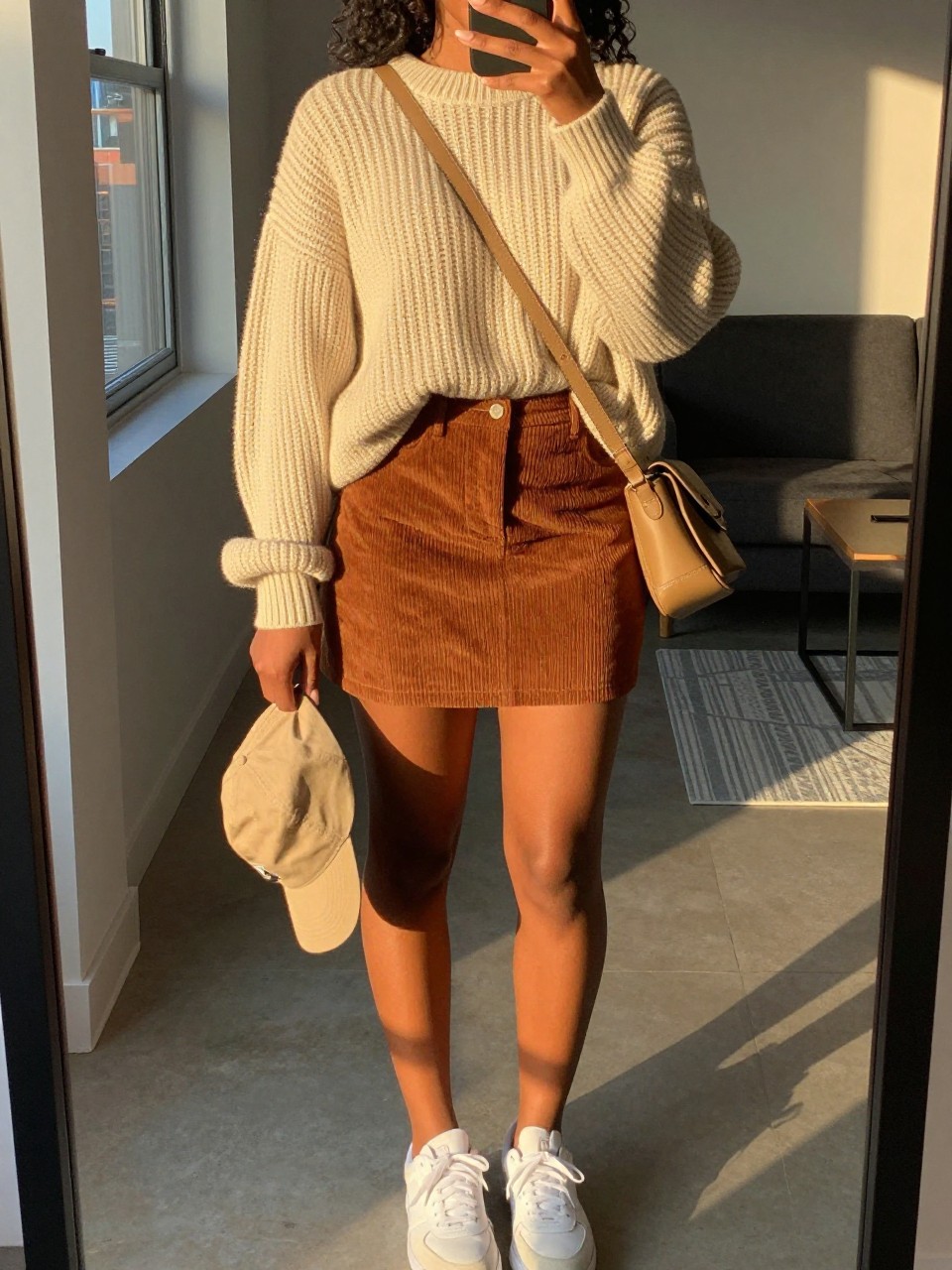 mirror selfie of a black woman wearing an oversized cream chunky sweater loosely tucked into a rust brown corduroy mini skirt with white sneakers and a tan crossbody bag, holding a baseball cap in one hand, standing in a relaxed pose, cropped at NECK so face doesn't show, in a city apartment, evening golden hour, iPhone photo quality.