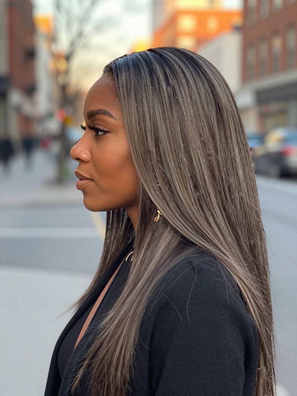 Photo of a black woman wearing long straight ash brown hair with icy face-framing highlights, side profile view, in a softly blurred city street background, golden hour glow, containing a small lived-in detail such as statement earrings peeking through and a crossbody strap on the shoulder, latest iPhone photo quality.