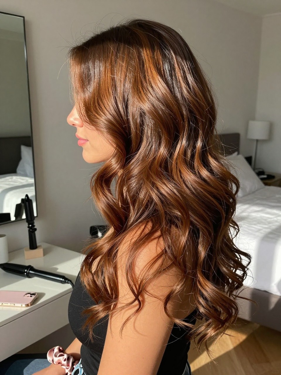 Photo of a woman wearing sun-kissed caramel brunette hair in loose brushed waves, side profile view, sun-drenched bedroom setting, natural window light, with a curling iron on the vanity and a silk scrunchie on her wrist, latest iPhone photo quality.