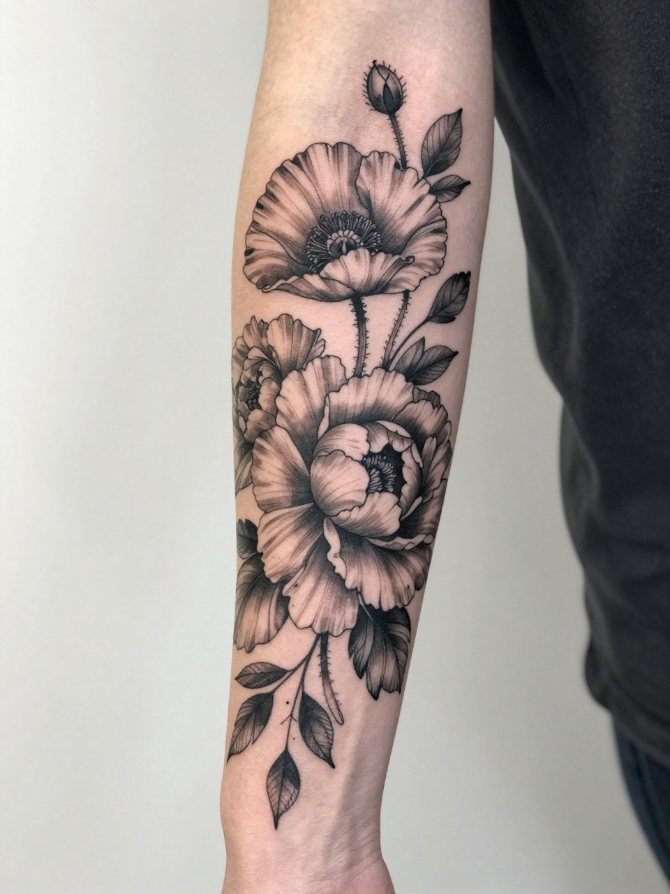 Image Prompt: "Extreme close-up of a poppy and peony sleeve tattoo flowing across the full arm, black and grey floral design, open poppy petals, full peony blooms, soft shading, fine line leaf details, realistic skin texture, sleeveless blouse edge softly visible, modern feminine tattoo inspiration image, clean minimal background, tattoo is the clear hero (no watermarks on images)"