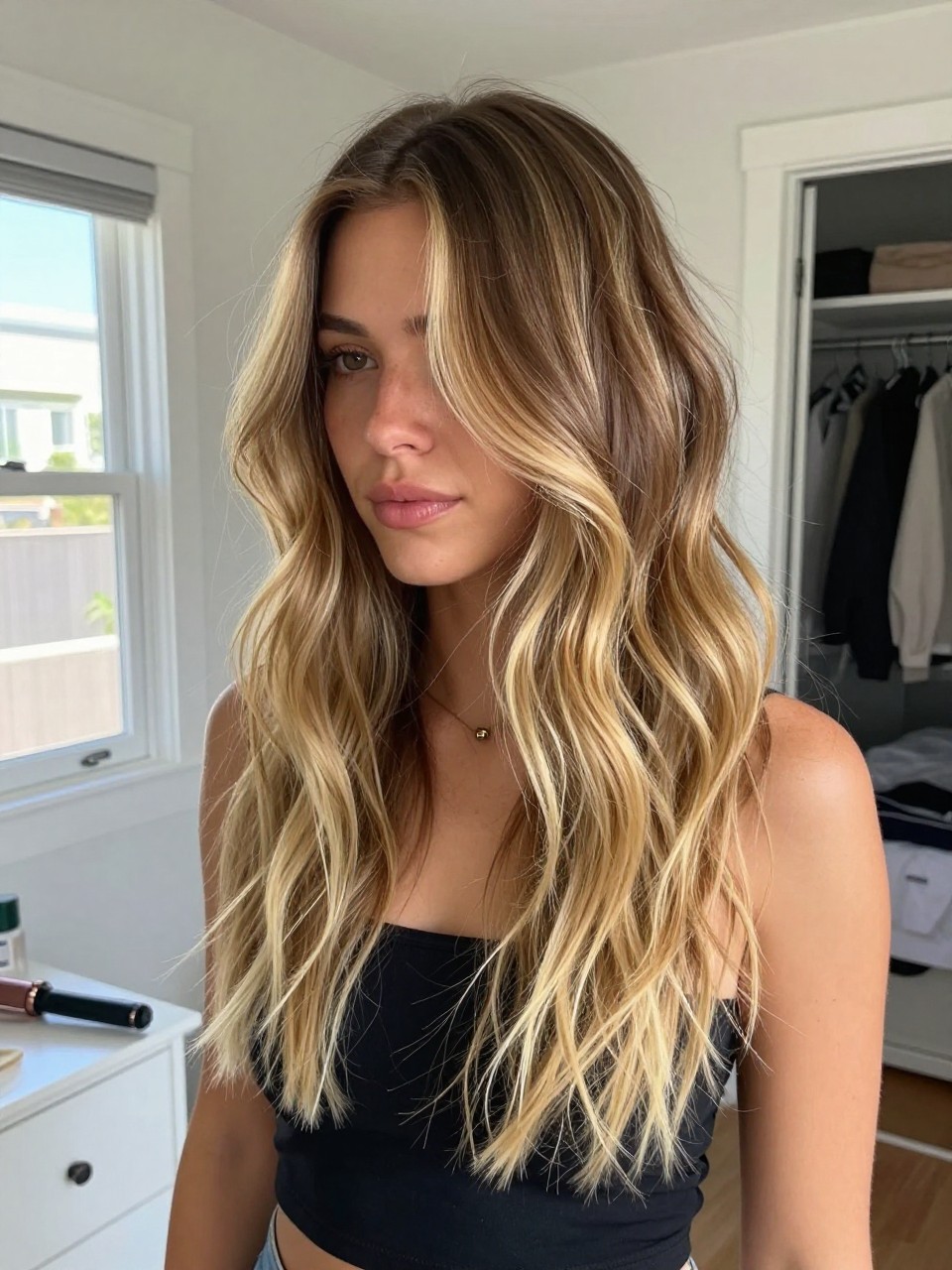 Photo of a woman wearing toasted coconut balayage with darker roots and creamy blonde ends in loose beachy waves, candid mirror selfie, sun-drenched bedroom setting, natural window light, with a curling iron on the dresser and a slightly open closet behind, latest iPhone photo quality.