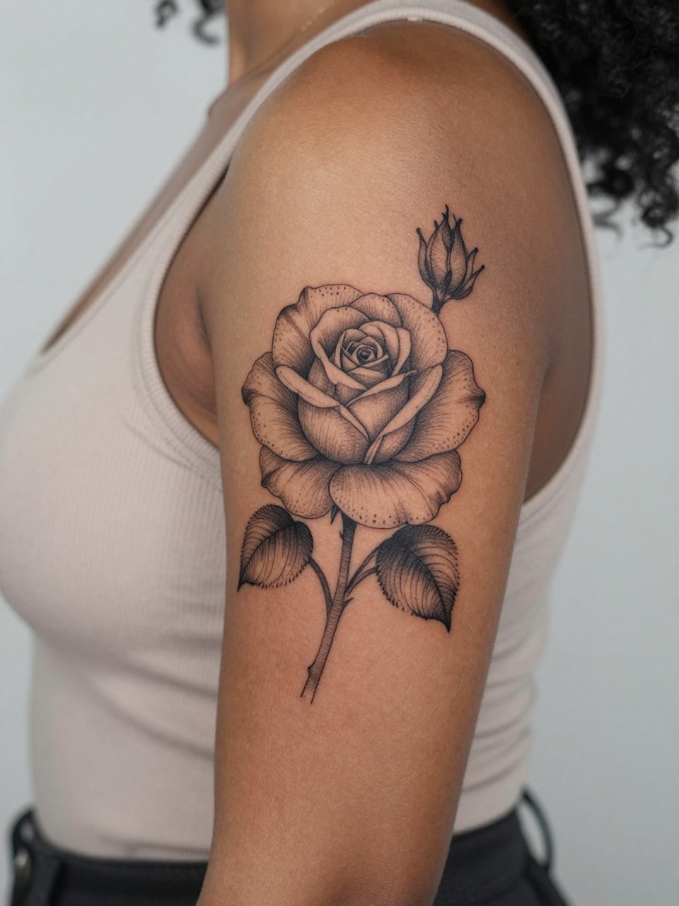 Image Prompt: "Close-up of a rose tattoo with soft dotwork accents on the upper arm of black feminine woman, black ink fine line floral design, layered petals, subtle shading, delicate dotwork detail, realistic skin texture, sleeveless neutral top softly visible, feminine lifestyle-inspired tattoo image, minimal clean background, tattoo is the main focus (no watermarks on images)"