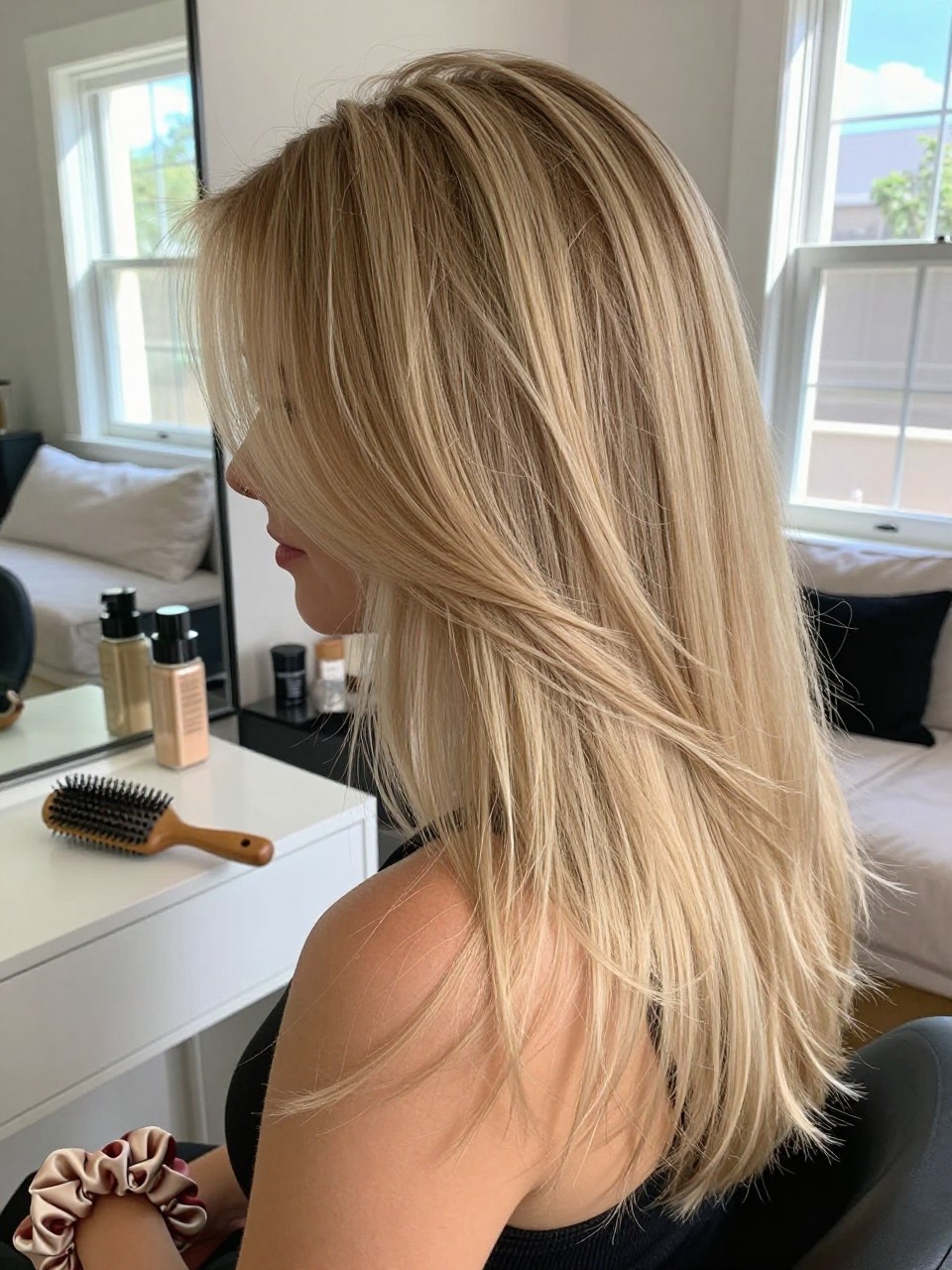 Photo of a woman wearing sandy beige blonde hair with soft face-framing movement, back-of-head view to highlight the neutral blonde tone, sun-drenched bedroom setting, natural window light, with a blowout brush on the vanity and a silk scrunchie on her wrist, latest iPhone photo quality.