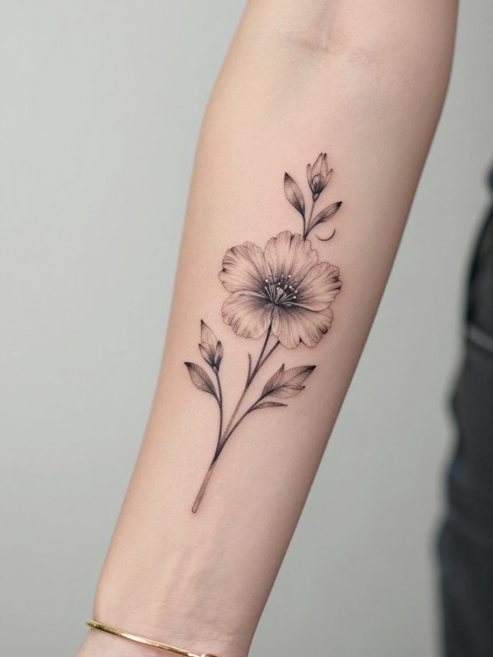Image Prompt: "Design-focused close-up of a fine line flower tattoo with a tiny crescent moon on the inner arm, black ink floral design, delicate petals, soft shading, subtle celestial accent, realistic skin texture, gold bracelet lightly visible, feminine modern tattoo inspiration photo, clean soft background, tattoo is the hero (no watermarks on images)"