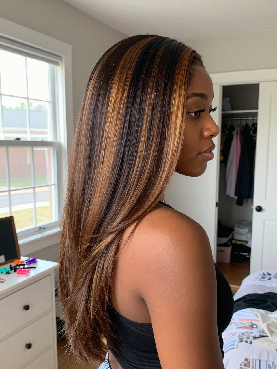 Photo of a Black woman wearing long dark layered hair with chestnut honey brown highlights and soft body, side profile view, in a sun-drenched bedroom, natural window light, containing a small lived-in detail such as sectioning clips on the dresser and a slightly open closet behind, latest iPhone photo quality.