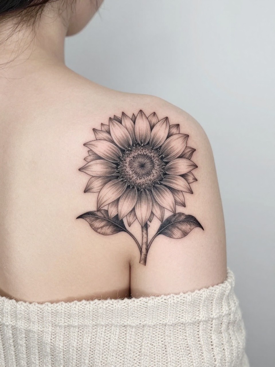 Image Prompt: "Extreme close-up of a small sunflower tattoo on the back shoulder, black and grey floral design with layered petals, fine line detailing, soft shading, realistic skin texture, soft knit sleeve slipping slightly off the shoulder, feminine tattoo inspiration photo, minimal clean background, tattoo is the main subject (no watermarks on images)"