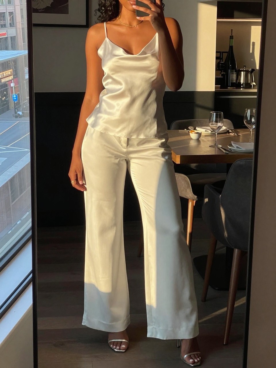 mirror selfie of a black woman in a white silk camisole and wide-leg pants with heels, standing in a restaurant or event space, cropped at NECK so face doesn't show, in a city apartment, evening golden hour, iPhone photo quality.