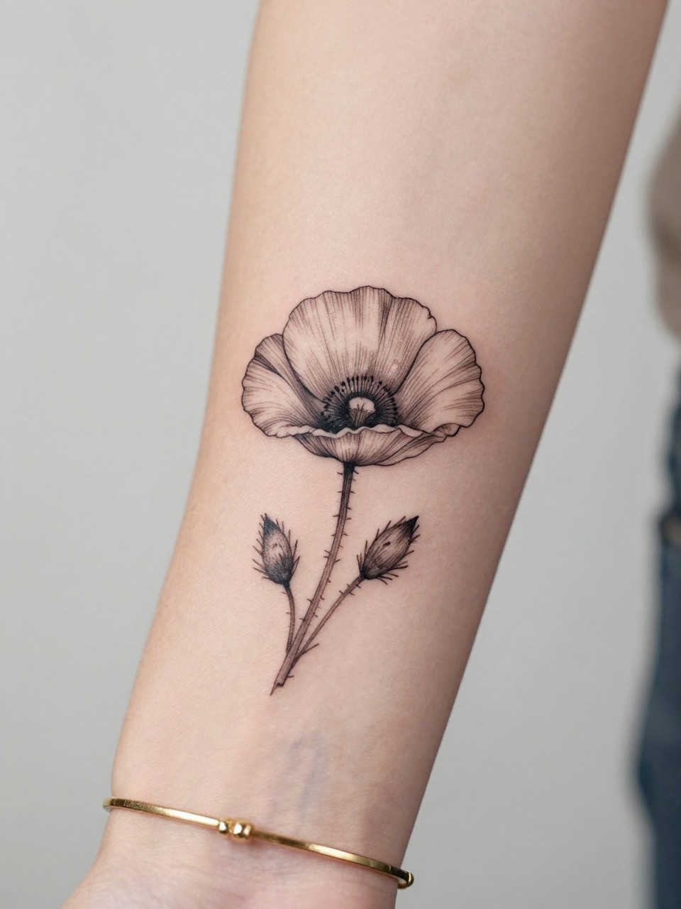 Image Prompt: "Macro shot of a fine line poppy flower tattoo on the inner wrist, black ink floral design with delicate open petals, light shading, minimalist but striking style, realistic skin texture, delicate gold bracelet, tight crop, feminine tattoo inspiration image, clean soft background, tattoo-centered composition (no watermarks on images)"