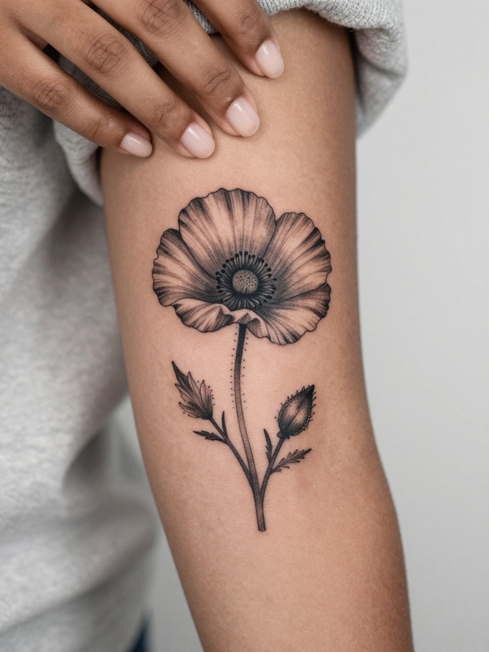 Image Prompt: "Extreme close-up of a poppy flower tattoo with a soft dotwork halo on the forearm of black feminine woman, black ink floral design with open petals, subtle grey shading, delicate dotted accents, realistic skin texture, neutral manicure, soft knit fabric slightly visible, design-focused tattoo inspiration photo, clean minimal background (no watermarks on images)"