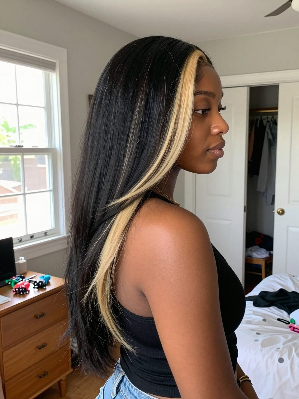 Photo of a black woman wearing long black layered hair with creamy blonde highlights and soft body, side profile view, in a sun-drenched bedroom, natural window light, containing a small lived-in detail such as sectioning clips on the dresser and a slightly open closet behind, latest iPhone photo quality.