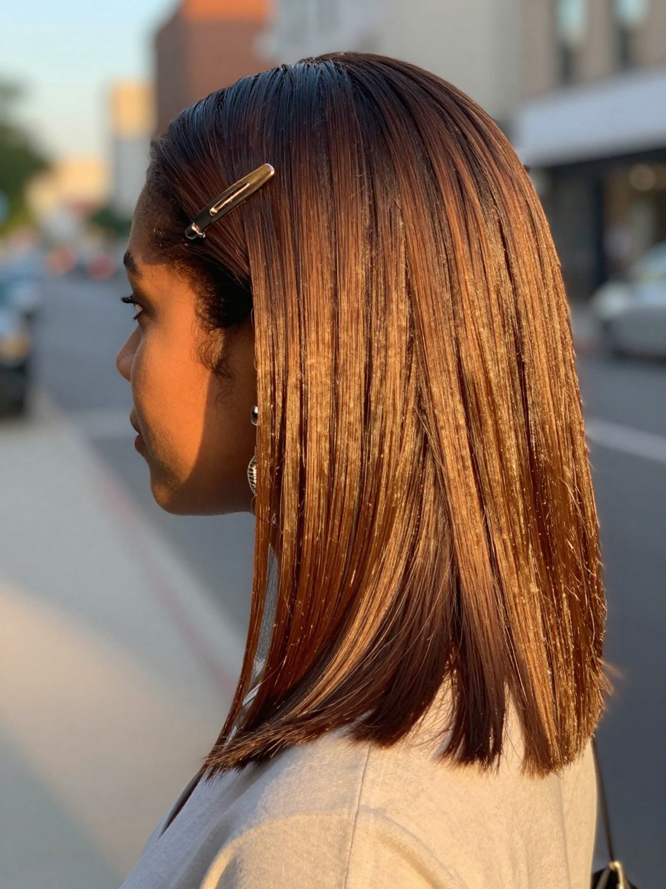 Photo of a biracial woman wearing golden espresso glossy hair styled sleek and smooth, back-of-head view to highlight the deep brunette color and warm shine, softly blurred city street background, golden hour glow, with a hair clip clipped to her collar and statement earrings peeking through, latest iPhone photo quality.