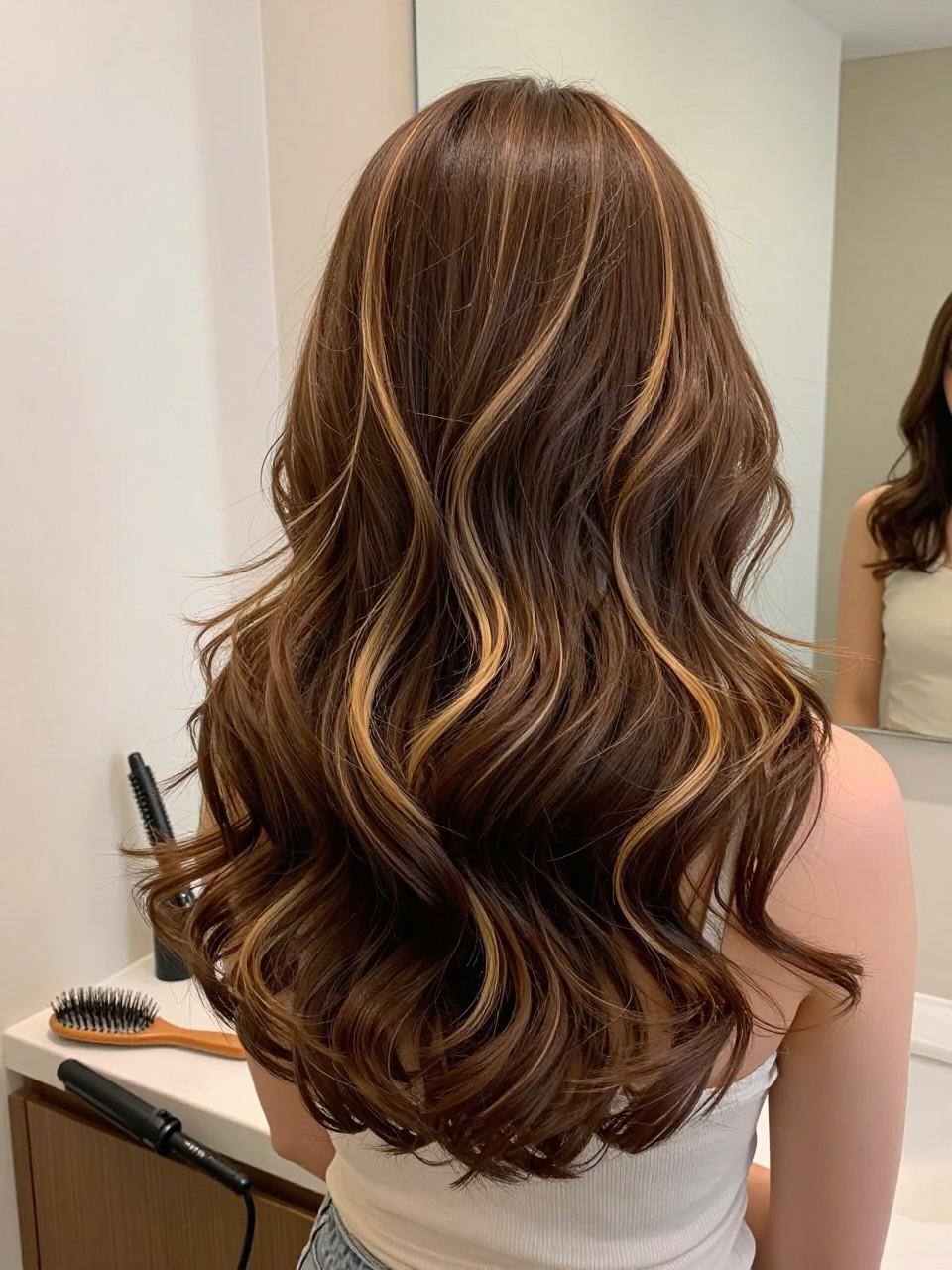 Photo of a woman wearing chocolate brown hair with soft blonde ribbons in loose brushed waves, back-of-head view to highlight the warm blonde blend, bathroom vanity mirror setting, soft indoor lighting, with a curling iron on the counter and a hairbrush nearby, latest iPhone photo quality.