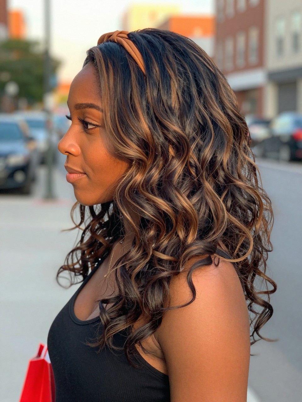 Photo of a black woman wearing beachy dark waves with honey highlight streaks and soft texture, side profile view, in a softly blurred city street background, golden hour glow, containing a small lived-in detail such as a headband pushed back and a few shopping bags nearby, latest iPhone photo quality.