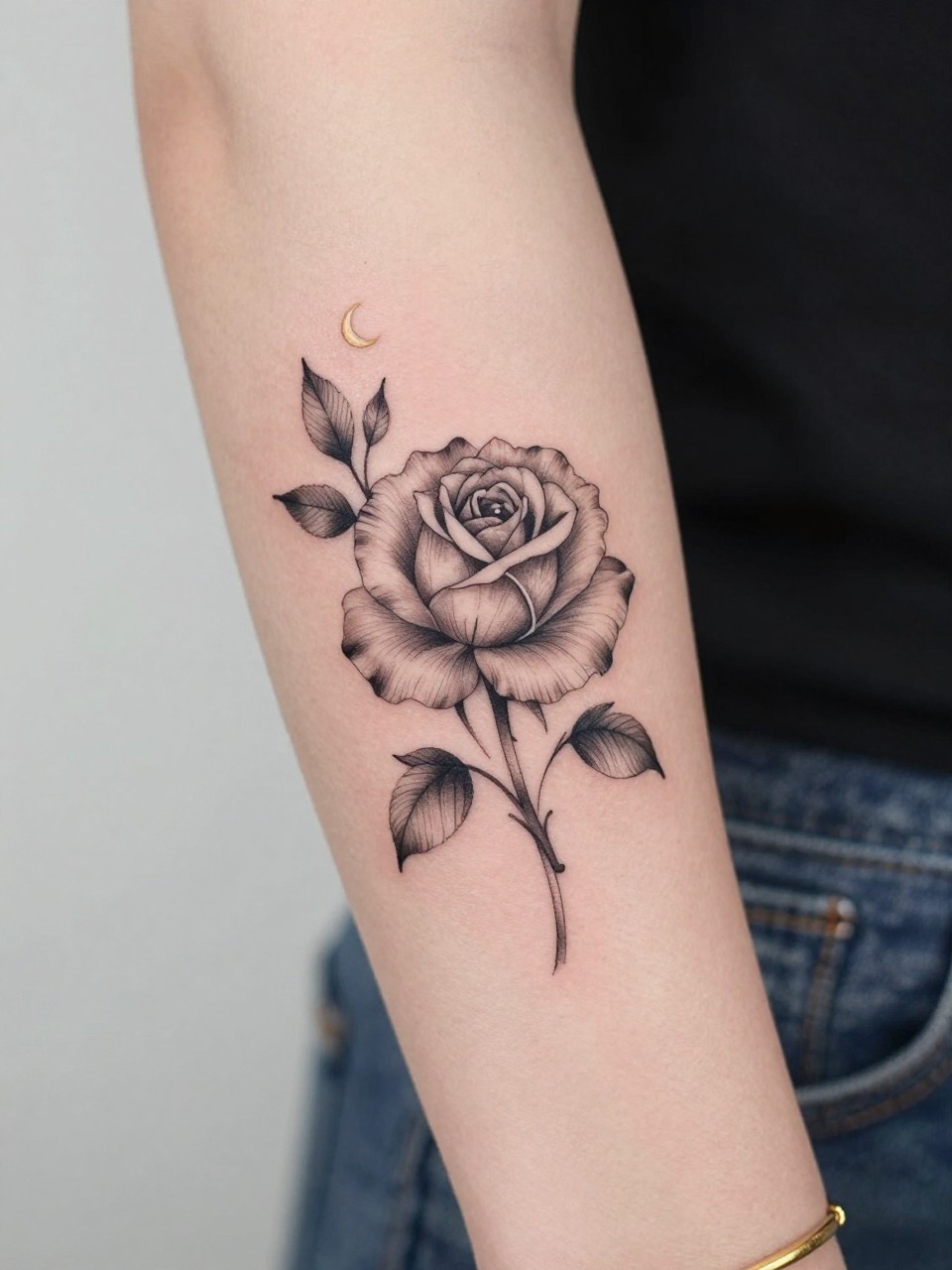 Image Prompt: "Design-focused close-up of a rose tattoo with a tiny crescent moon on the inner arm, black ink fine line floral design, layered petals, soft shading, delicate celestial accent, realistic skin texture, gold bracelet lightly visible, feminine modern tattoo inspiration photo, clean soft background, tattoo is the hero (no watermarks on images)"
