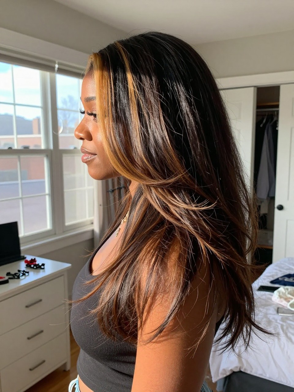Photo of a Black woman wearing long layered dark hair with honey brown highlights and soft movement, side profile view, in a sun-drenched bedroom, natural window light, containing a small lived-in detail such as sectioning clips on the dresser and a slightly open closet behind, latest iPhone photo quality.