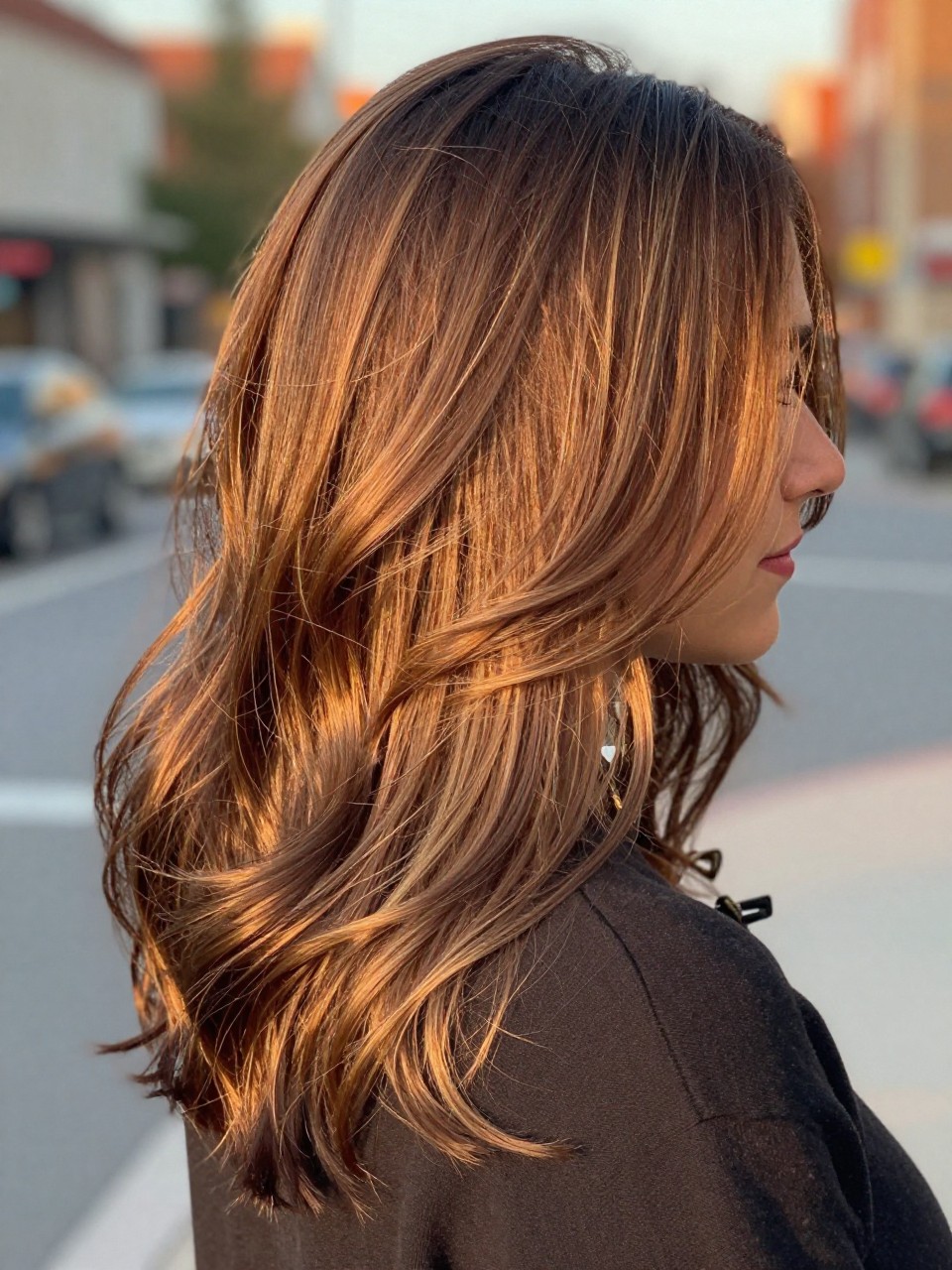 Photo of a woman wearing brunette hair with honey brown face-framing highlights and soft loose waves, back-of-head view to highlight the lighter front sections and warm brunette color, softly blurred city street background, golden hour glow, with statement earrings peeking through and a hair clip clipped to her collar, latest iPhone photo quality.