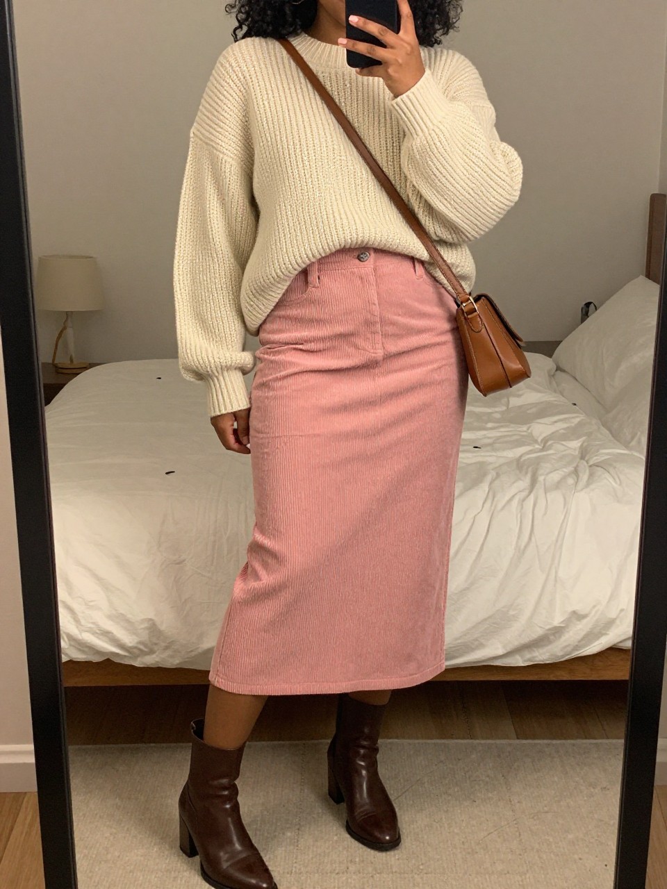 iPhone mirror selfie of a curvy black woman wearing an oversized cream chunky sweater loosely tucked into a millennial pink corduroy midi skirt with brown leather block-heel ankle boots and a matching brown crossbody bag, standing in a cozy pose, cropped at NECK so face doesn't show, in a feminine-themed bedroom, warm moody lighting, iPhone photo quality.