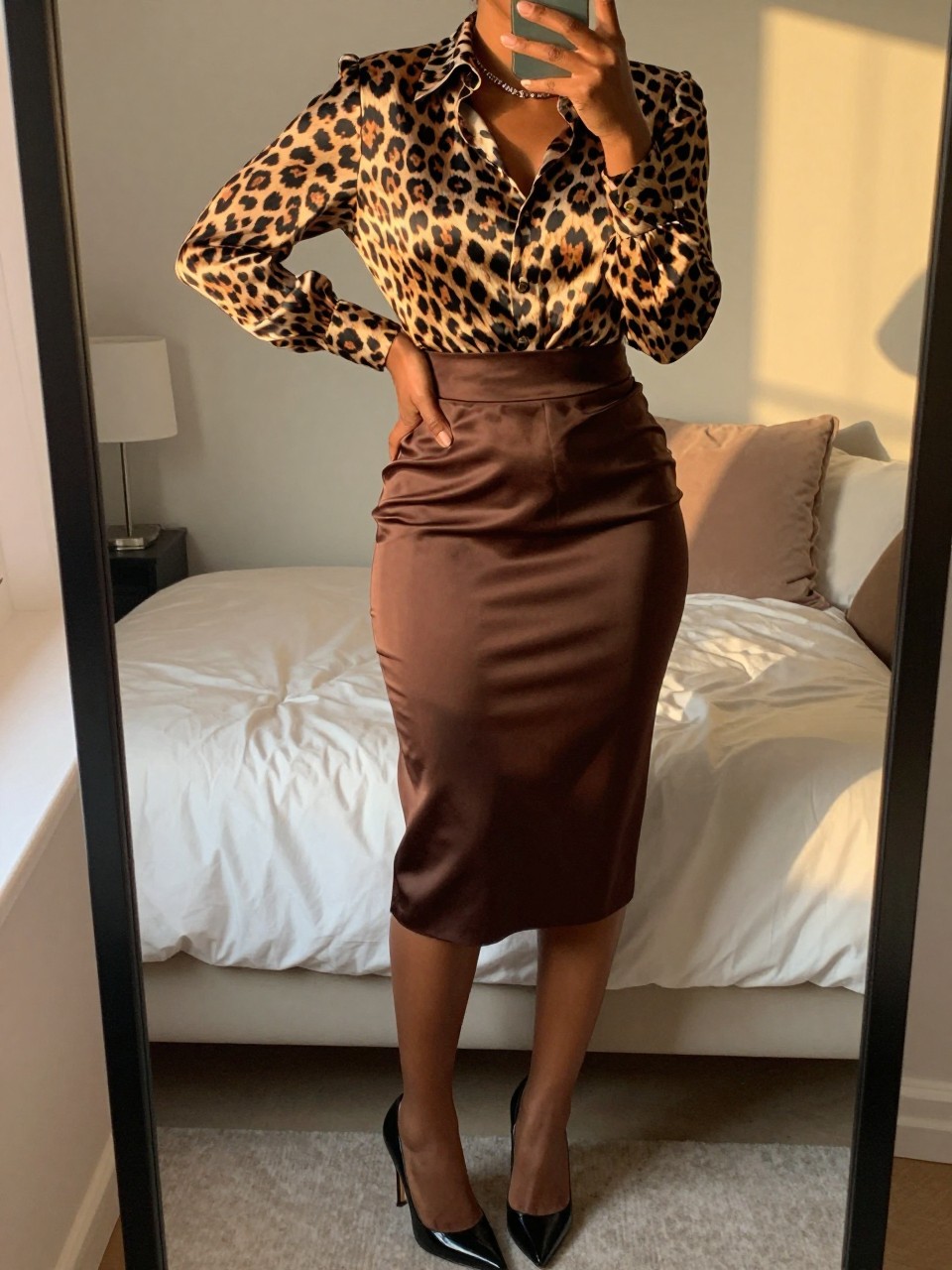 iPhone mirror selfie of a black woman wearing a leopard print silk blouse tucked into a chocolate brown satin pencil skirt with black stiletto heels, one hand on her hip, cropped at NECK so face doesn't show, in a feminine-themed bedroom, evening golden hour, iPhone photo quality.