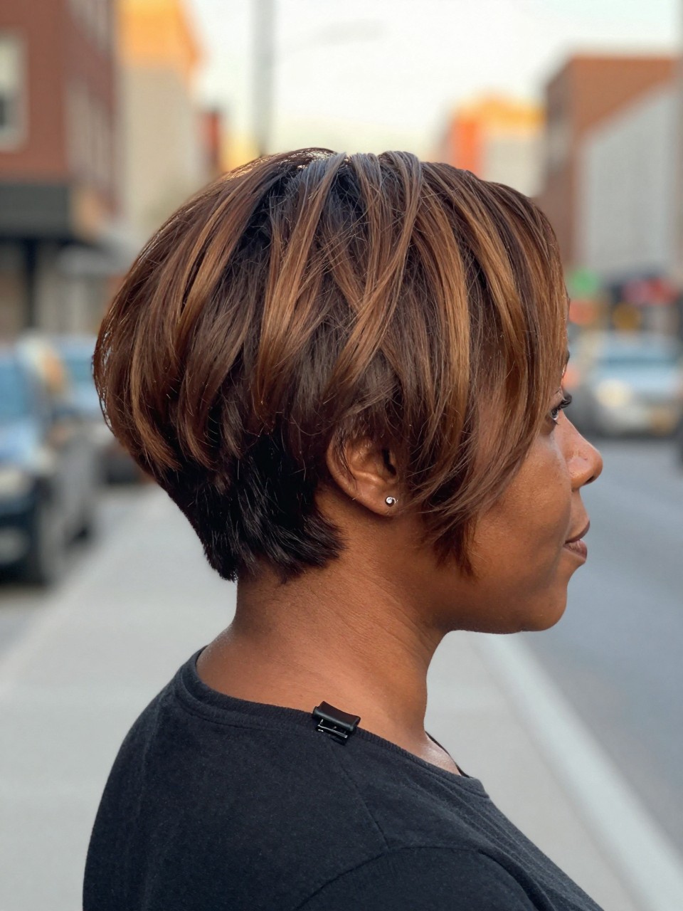 Photo of a black woman wearing a short choppy brown bob with bronze highlights and piecey texture, back-of-head view to highlight details, in a softly blurred city street background, golden hour glow, containing a small lived-in detail such as a mini claw clip clipped to the collar and small earrings peeking through, latest iPhone photo quality.