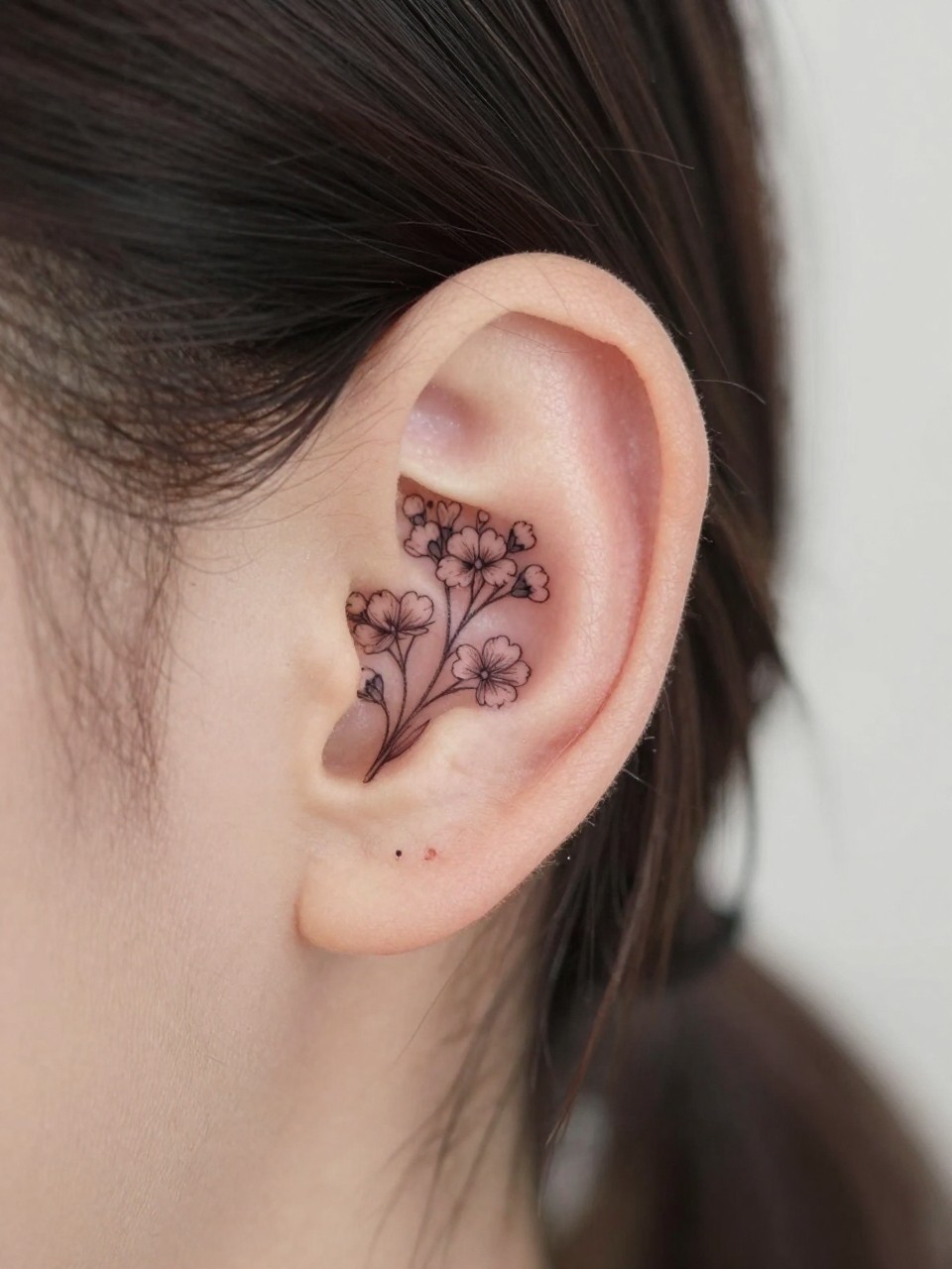 Image Prompt: "Macro shot of a tiny hawthorne flower tattoo behind the ear, fine line black ink floral design with small clustered blossoms and soft shading, realistic skin texture, a few loose strands of hair framing the placement, minimal feminine styling, tight crop, soft clean background, tattoo-centered inspiration image (no watermarks on images)"