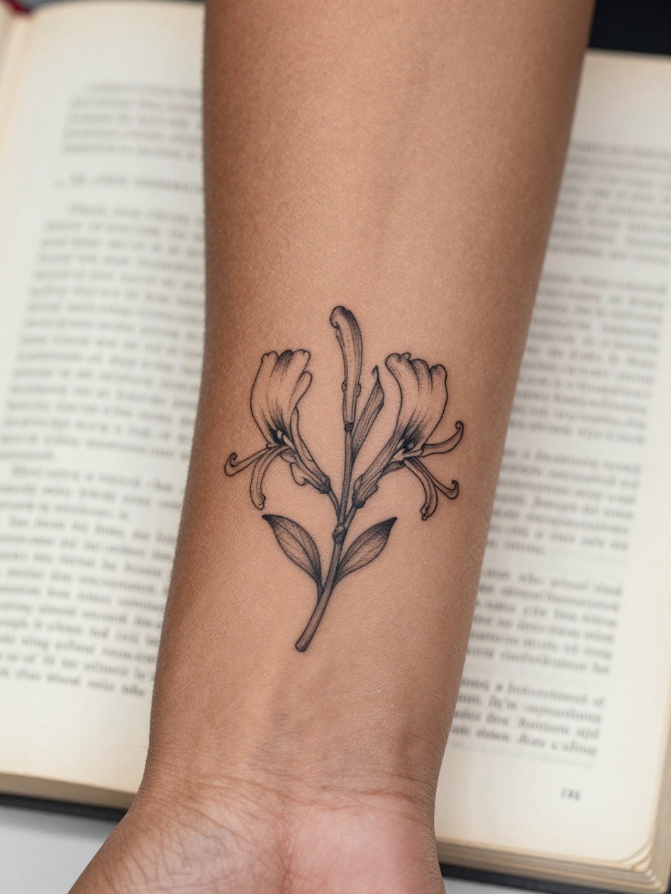 Image Prompt: "Extreme close-up of a honeysuckle flower tattoo with tiny handwritten name script on the inner forearm of black feminine woman, black ink fine line floral design, delicate trumpet-shaped blooms, soft shading, elegant cursive detail, realistic skin texture, book page underneath the arm, feminine soft lifestyle context, clean background, tattoo-centered inspiration photo (no watermarks on images)"