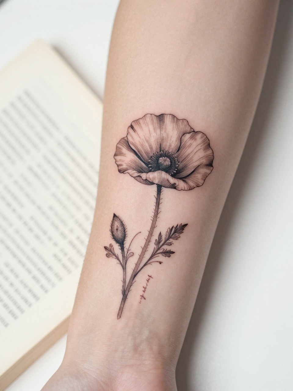 Image Prompt: "Close-up of a poppy flower tattoo with tiny handwritten name script on the inner forearm, black ink fine line floral design, delicate open petals, soft shading, elegant cursive detail, realistic skin texture, book page underneath the arm, feminine soft lifestyle context, clean background, tattoo-centered inspiration photo (no watermarks on images)"
