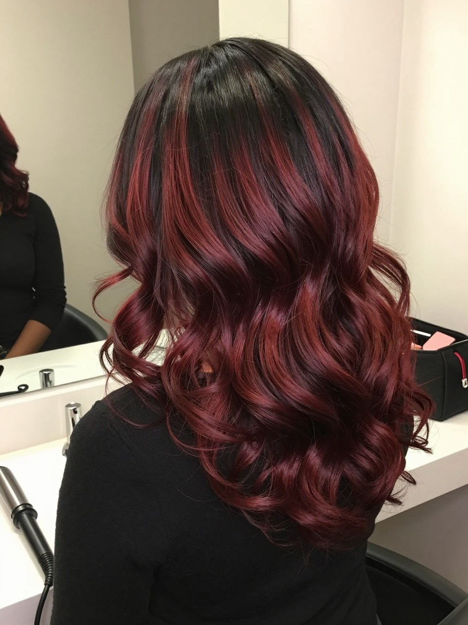 Photo of a black woman wearing mahogany ombre hair with dark roots and red-brown ends in loose curls, back-of-head view to highlight the smooth color melt, bathroom vanity mirror setting, soft indoor lighting, with a curling iron on the counter and a makeup bag nearby, latest iPhone photo quality.