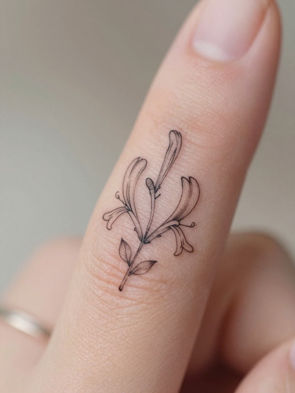 Image Prompt: "Macro shot of a micro honeysuckle tattoo on the side of the finger, black ink fine line floral design, tiny vine stem and delicate trumpet-shaped blooms, minimalist micro tattoo style, realistic skin texture, delicate rings, neutral manicure, very tight crop, soft blurred background, feminine tattoo inspiration photo with tattoo as the main focus (no watermarks on images)"